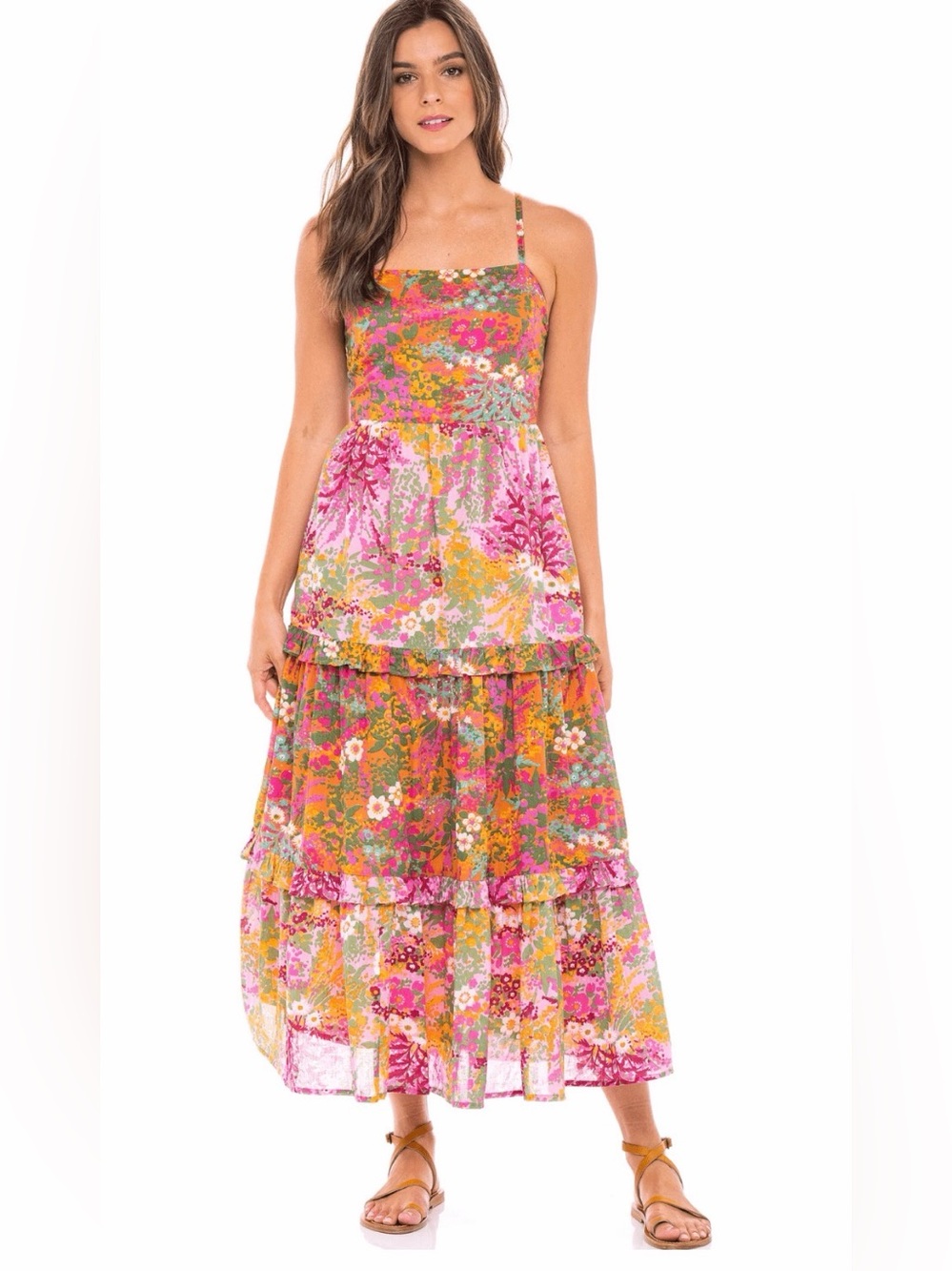 Banjanan Hazel Tiered Maxi Dress Loki's Garden Carousel Pink Orange. Size S